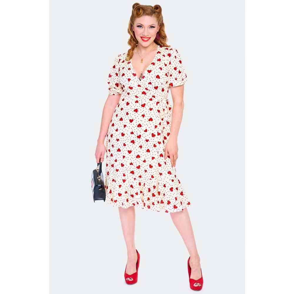 Voodoo Vixen - Heart Polka Dot Wickelkleid - Creme